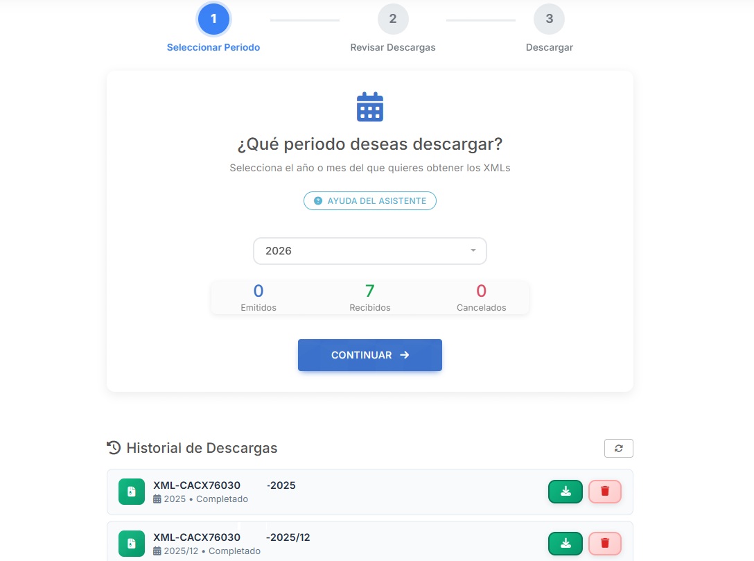 Wizard de descarga de XMLs del SAT